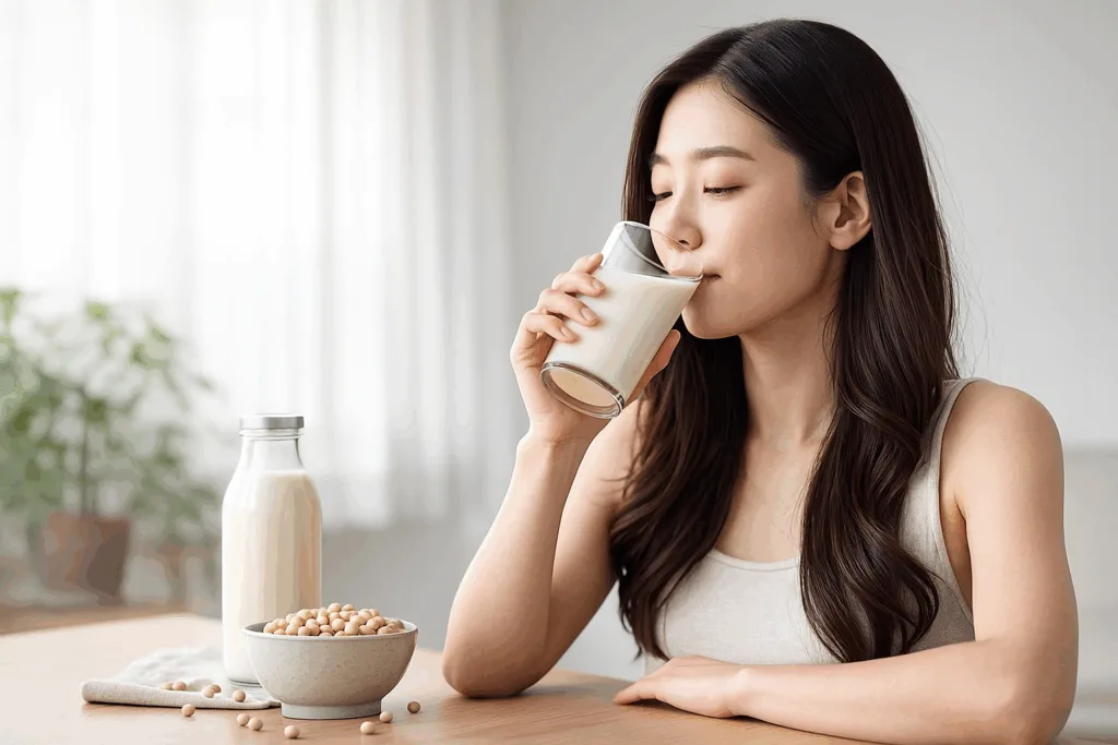 두유를 마시는 한국 여성의 자연스러운 모습, 다이어트 두유 가이드 본문 이미지