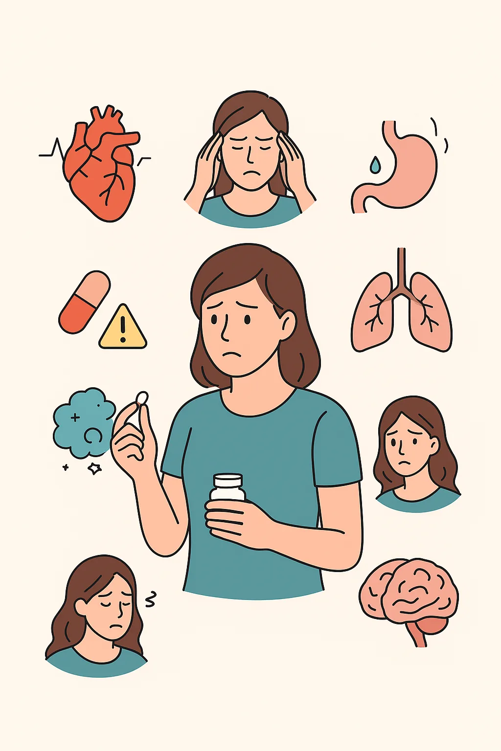 에페드린 다이어트 부작용을 상징하는 여성과 심장, 위, 폐, 뇌 등의 아이콘 일러스트