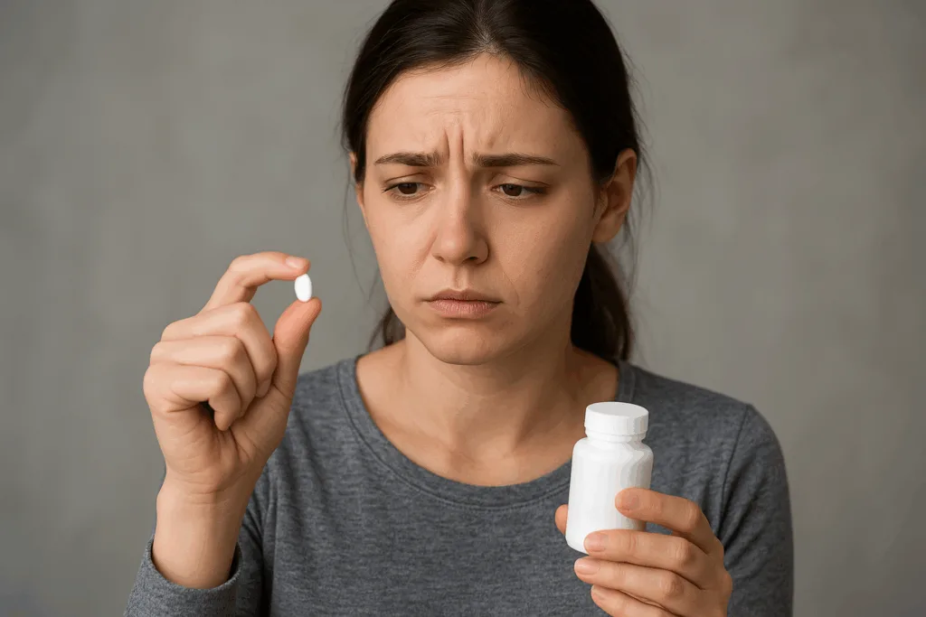 에페드린 다이어트 약을 들고 고민하는 여성의 모습, 부작용 위험을 상징하는 장면