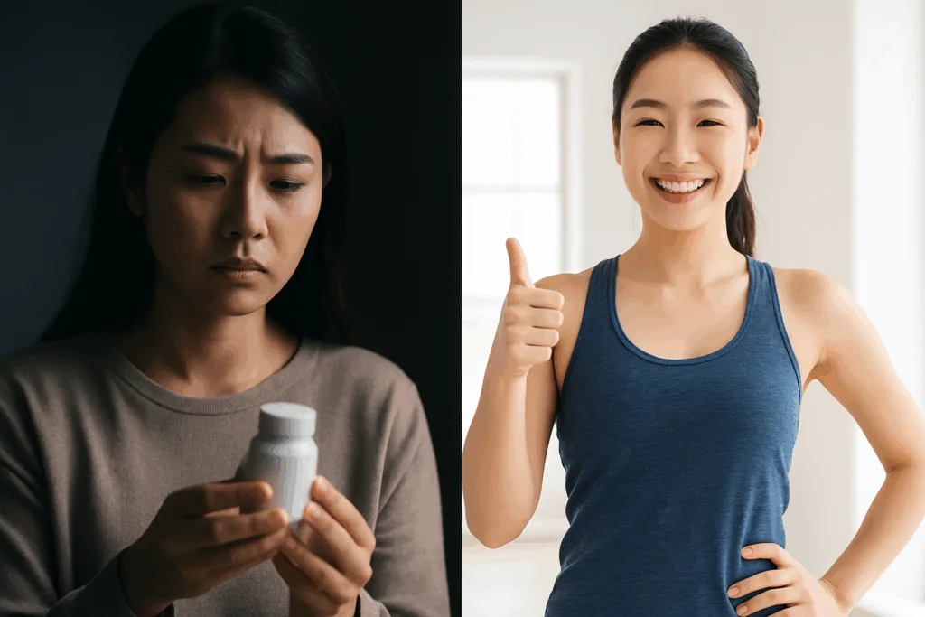 왼쪽은 에페드린 다이어트를 고민하는 여성, 오른쪽은 건강한 다이어트를 실천하며 미소 짓는 한국 여성의 모습