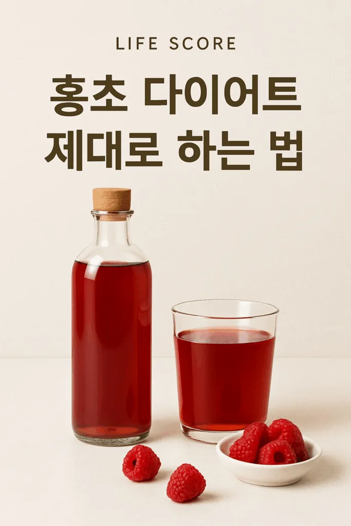 홍초 다이어트를 제대로 하는 법을 설명하는 블로그 대표 이미지로, 홍초 음료와 유리잔, 라즈베리가 함께 놓여 있는 사진
