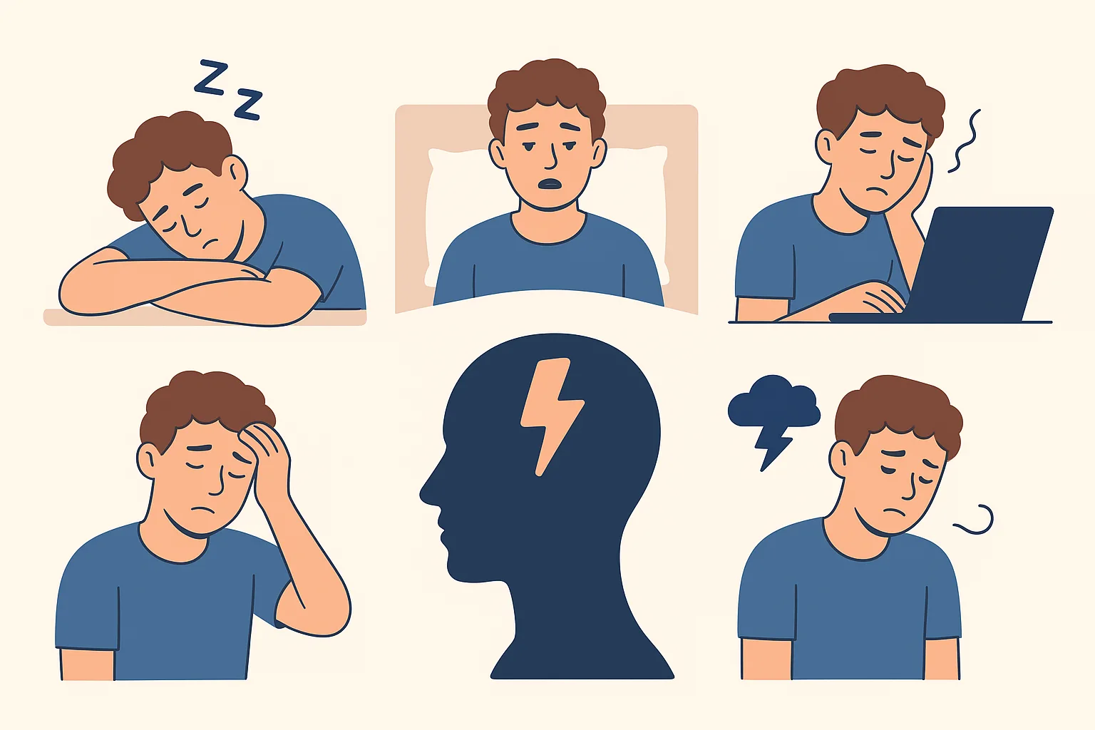 지속적인 졸음, 피로감, 집중력 저하 등 과다수면증 7가지 증상을 표현한 일러스트 이미지