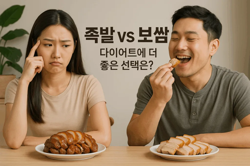 족발과 보쌈을 비교하며 다이어트에 더 좋은 음식을 고민하는 한국 남녀의 모습