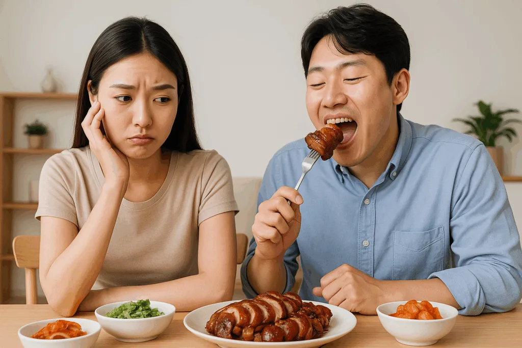 집에서 족발을 먹는 남성과 다이어트 고민을 하는 한국 여성의 대비된 모습