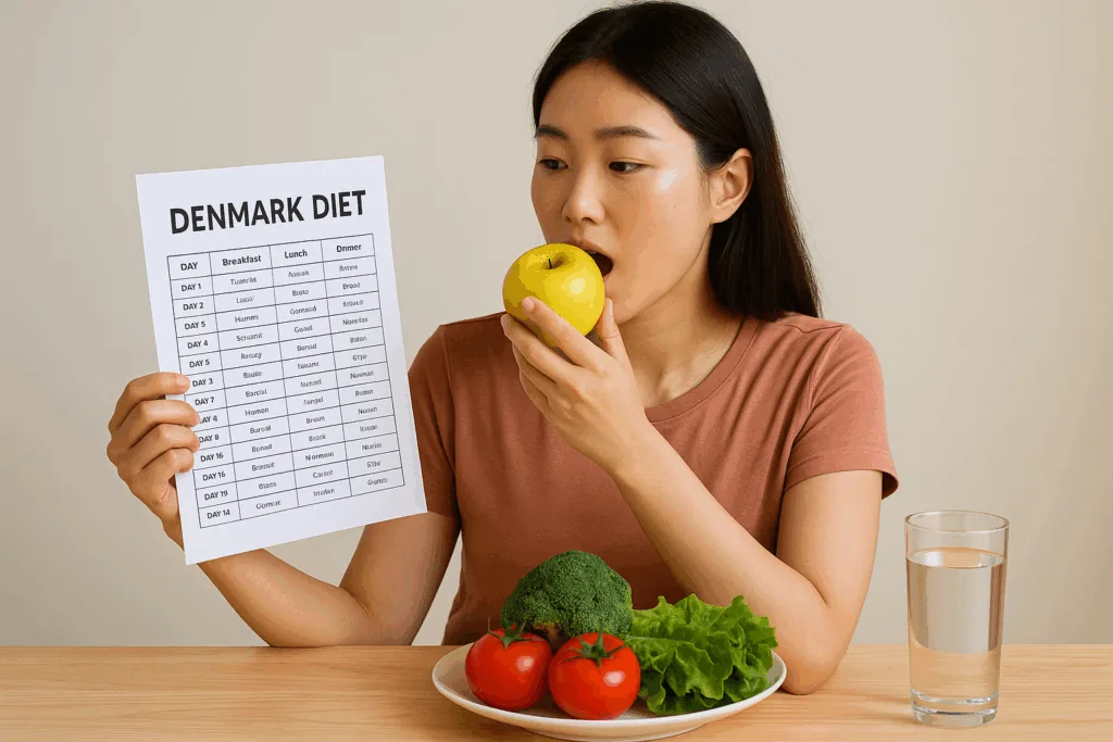 덴마크 다이어트 2주 식단표를 보며 식단을 실천하는 한국인 여성의 모습
