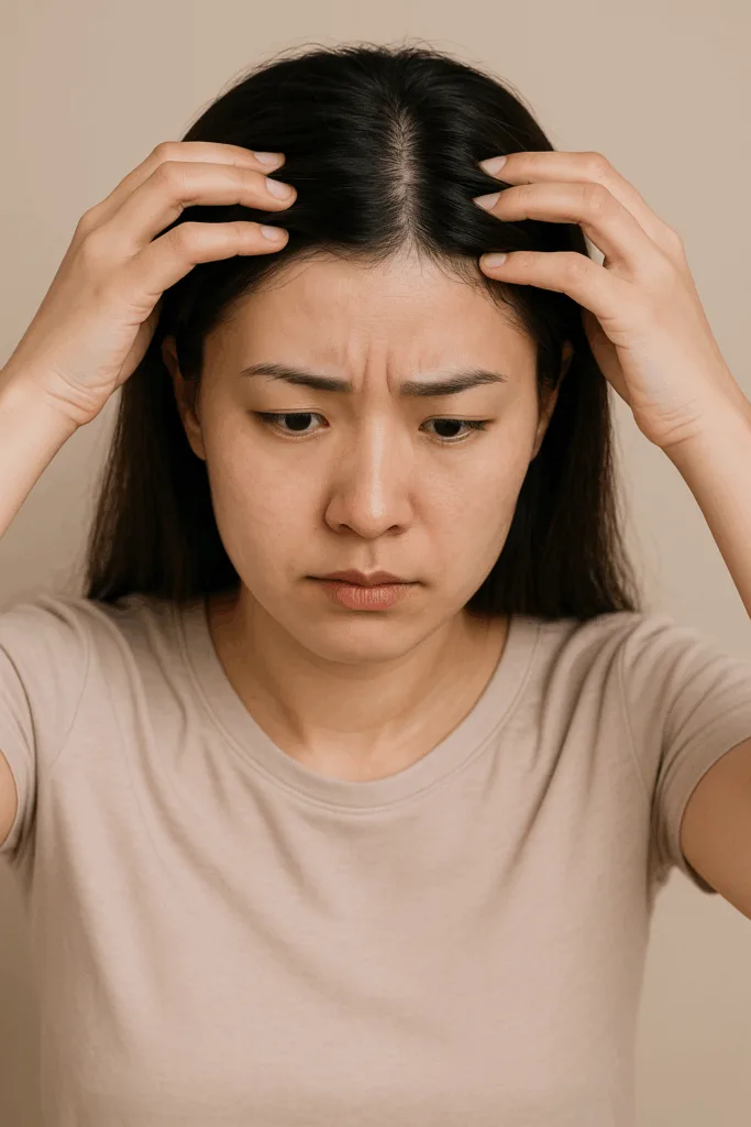 다이어트로 인한 탈모를 걱정하며 두피를 확인하는 한국인 여성의 실사 이미지.