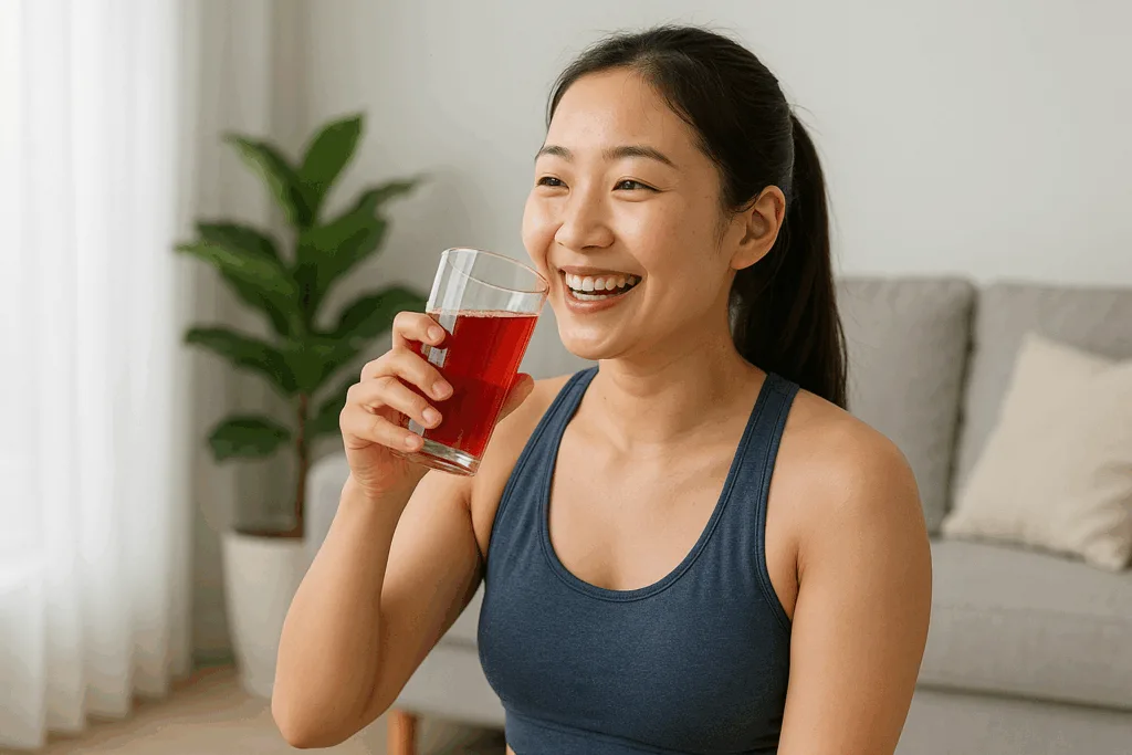 운동 직후 집에서 웃으며 홍초를 마시는 운동복 입은 한국 여성의 모습