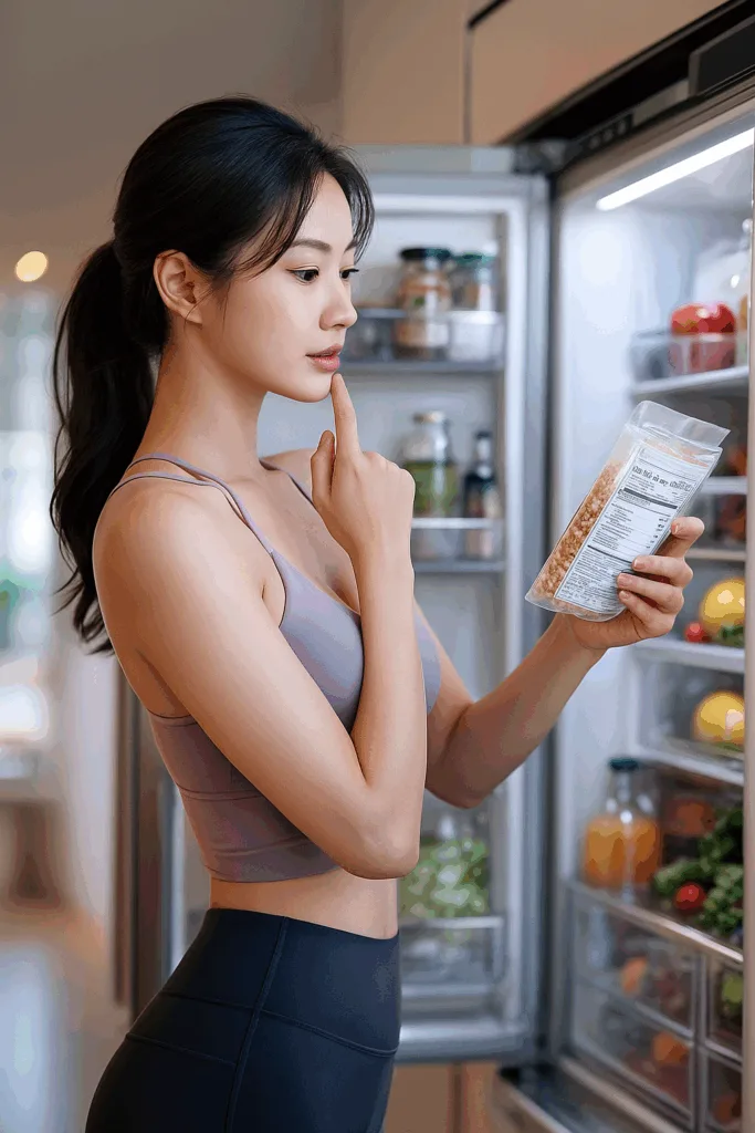 요가복을 입은 한국 여성이 다이어트를 위해 냉장고 앞에서 음식 영양 성분표를 확인하는 모습