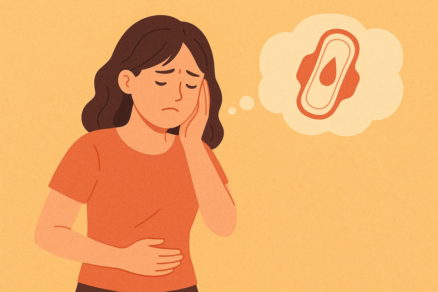 생리 중 다이어트를 고민하며 복통을 느끼는 한국 여성 일러스트