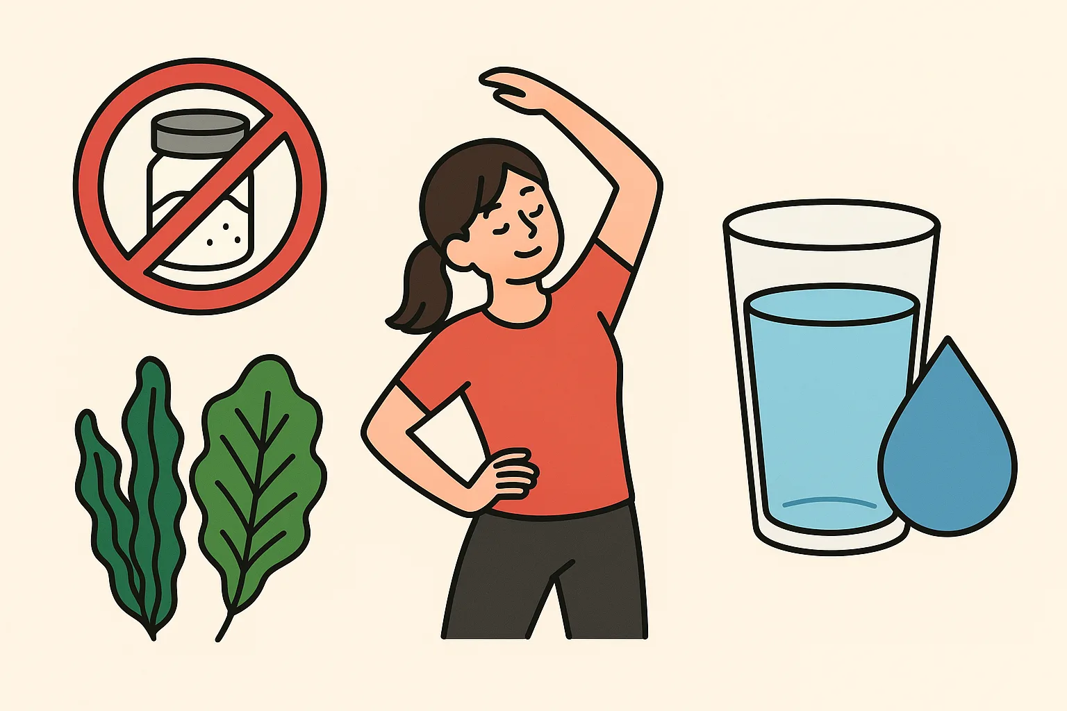 생리 중 다이어트 팁을 3분할 이미지로 표현한 일러스트: 짠 음식 제한과 채소, 가벼운 운동, 충분한 물 섭취