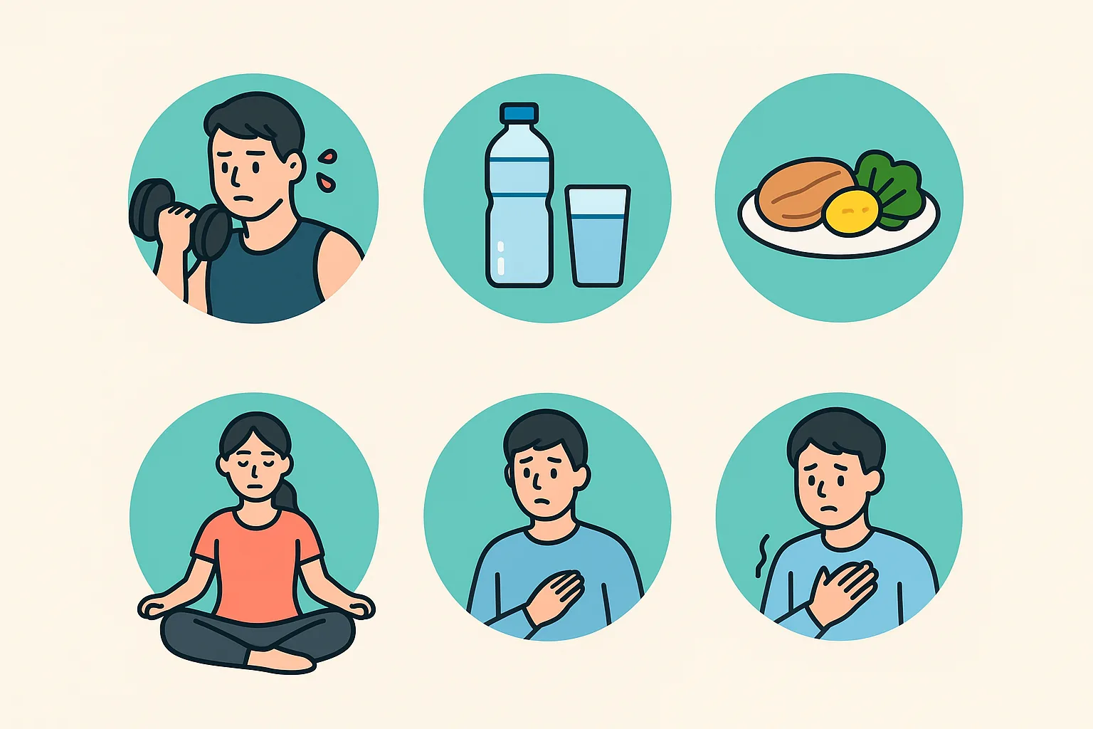 감기약 복용 중 안전하게 운동하는 방법을 상징하는 5가지 아이콘 일러스트