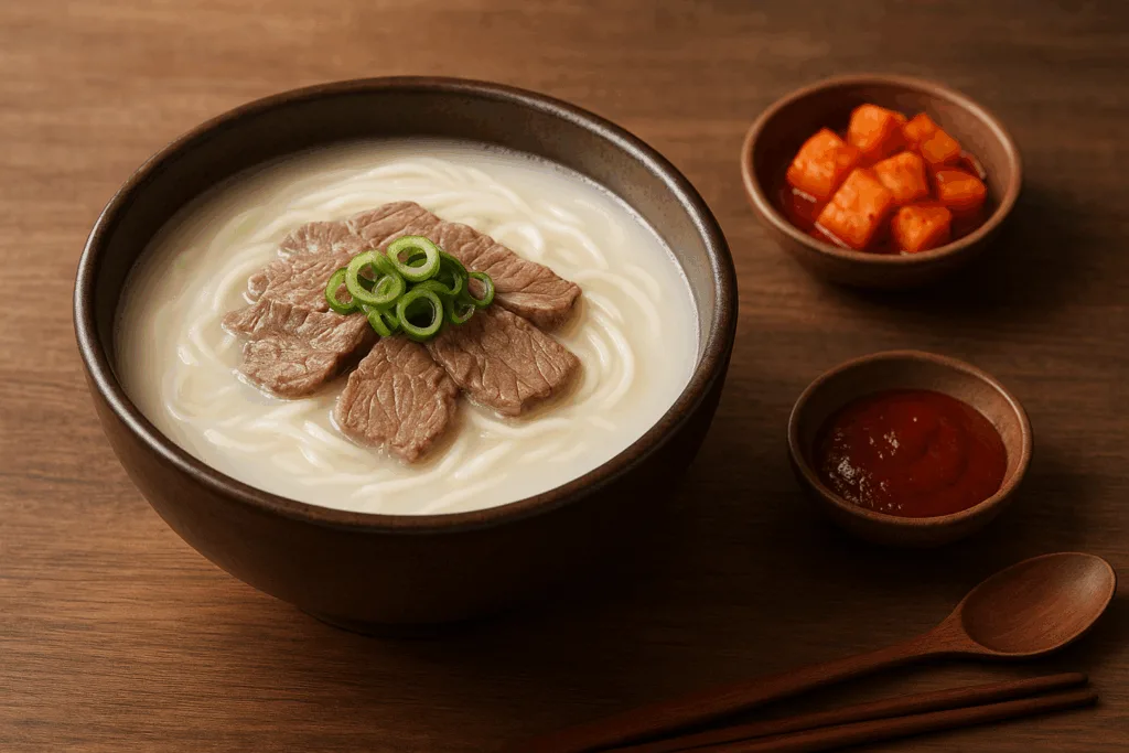 진한 흰 국물에 고기와 파를 올린 설렁탕과 깍두기, 양념장이 나무 테이블 위에 놓인 한국 전통 음식 실사 이미지