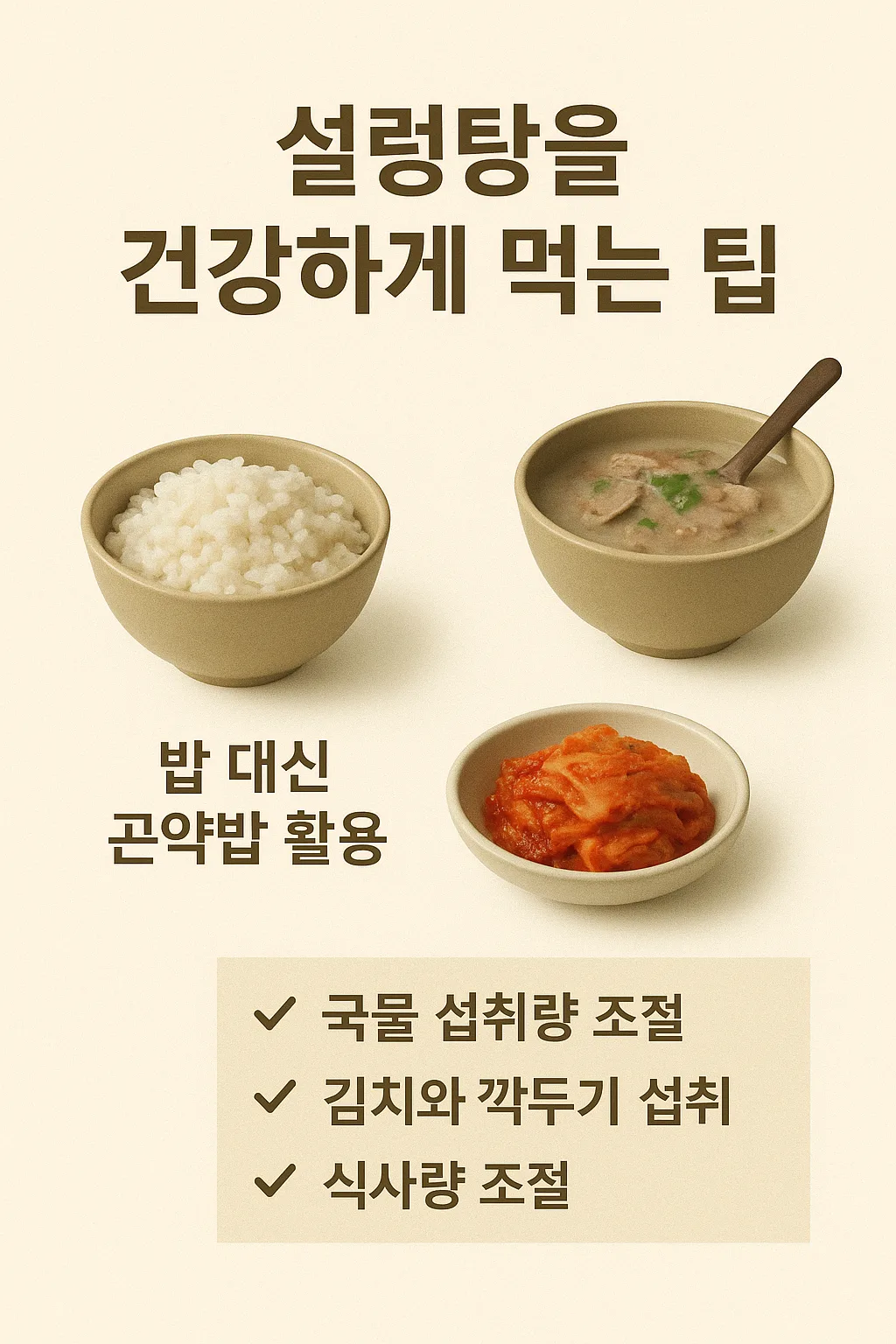 설렁탕을 건강하게 먹는 방법을 보여주는 이미지로, 곤약밥, 설렁탕 국물, 김치·깍두기 사진과 함께 국물 섭취 조절, 김치 섭취 제한 등의 다이어트 팁을 안내하는 그림.