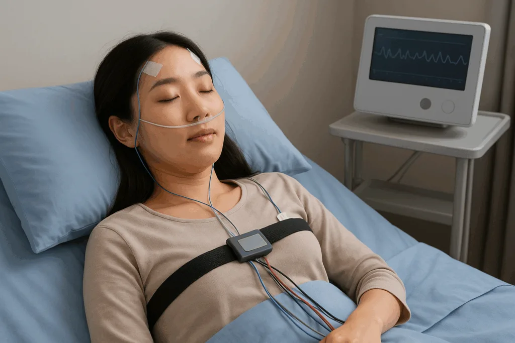 수면 다원 검사를 받으며 모니터링 장비를 착용하고 침대에 누워 있는 한국 여성의 실사 이미지