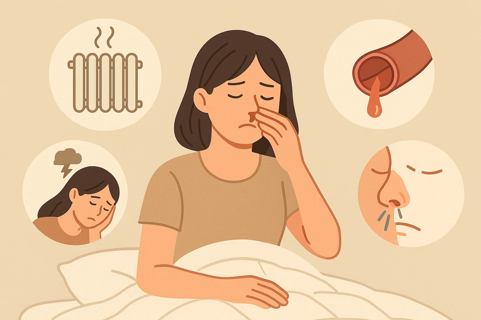 자다가 코피가 나는 주요 원인 5가지를 나타낸 일러스트 이미지