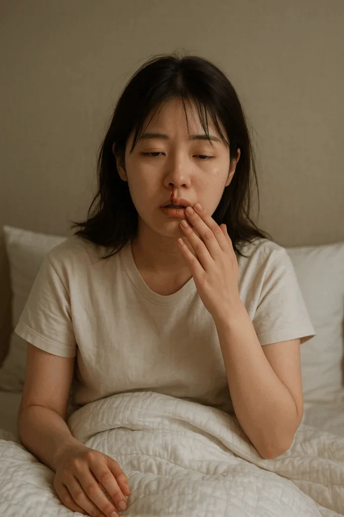 침대에서 자고 일어난 후 코피가 나는 한국 여성