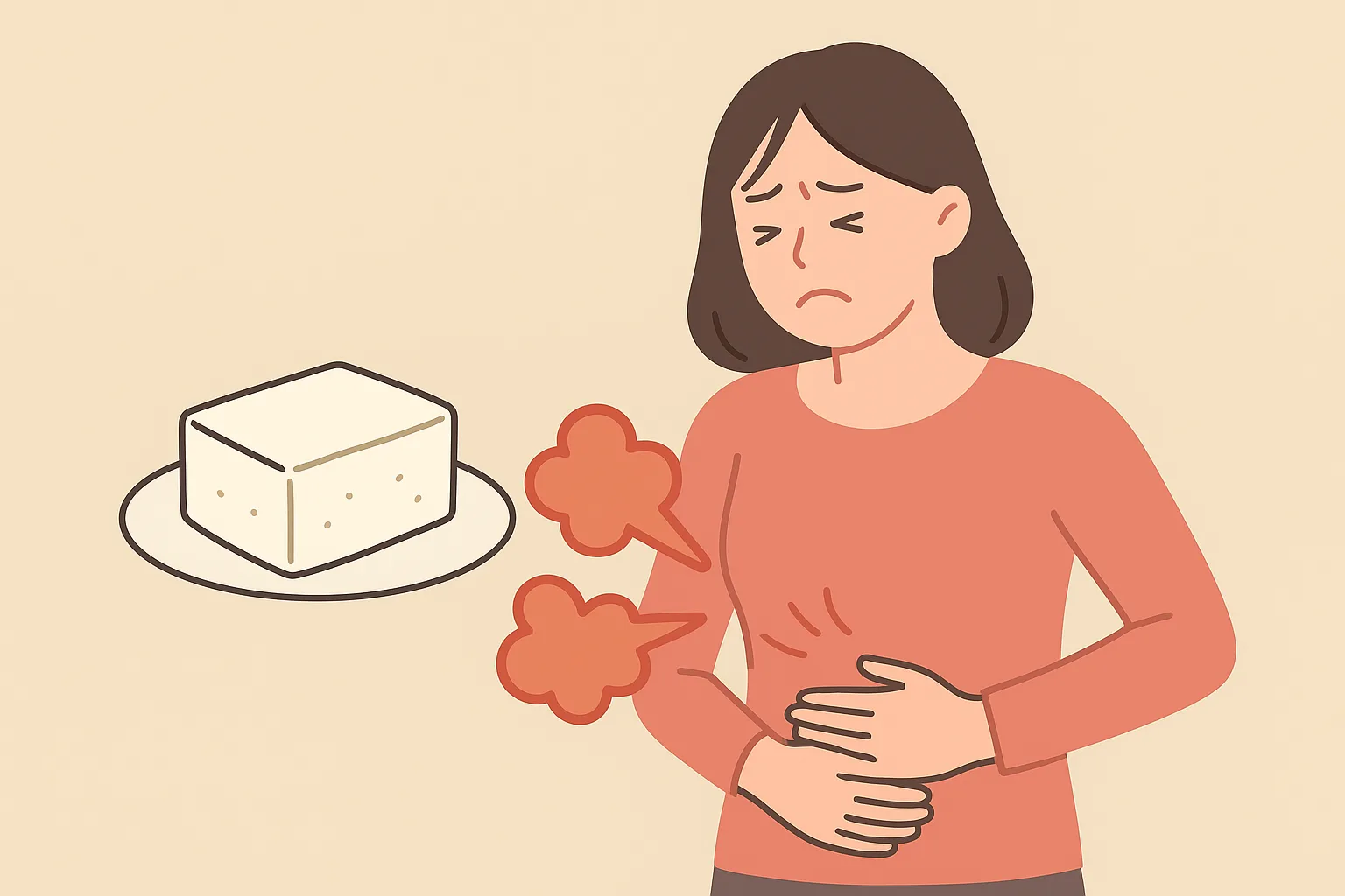 두부 과다 섭취로 인한 소화 불량과 복부 팽만감을 표현한 이미지