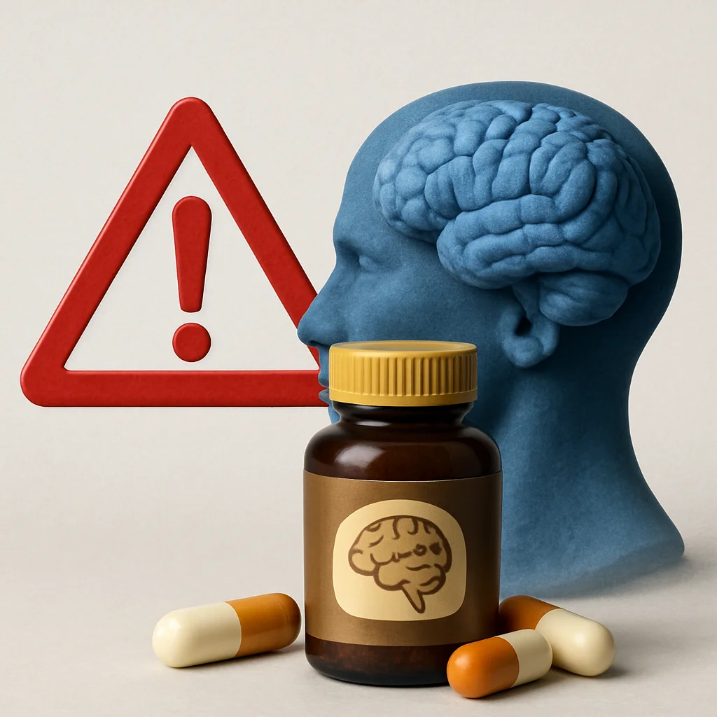 갈색 약병과 뇌 모형, 경고 표지판이 함께 배치된 이미지. 뇌 영양제의 부작용 위험성을 시각적으로 나타냄.