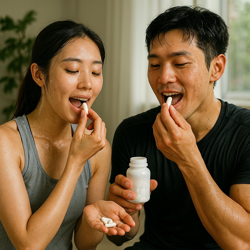 운동 후 땀을 흘린 젊은 한국인 남성과 여성이 나란히 앉아 영양제를 섭취하고 있는 모습