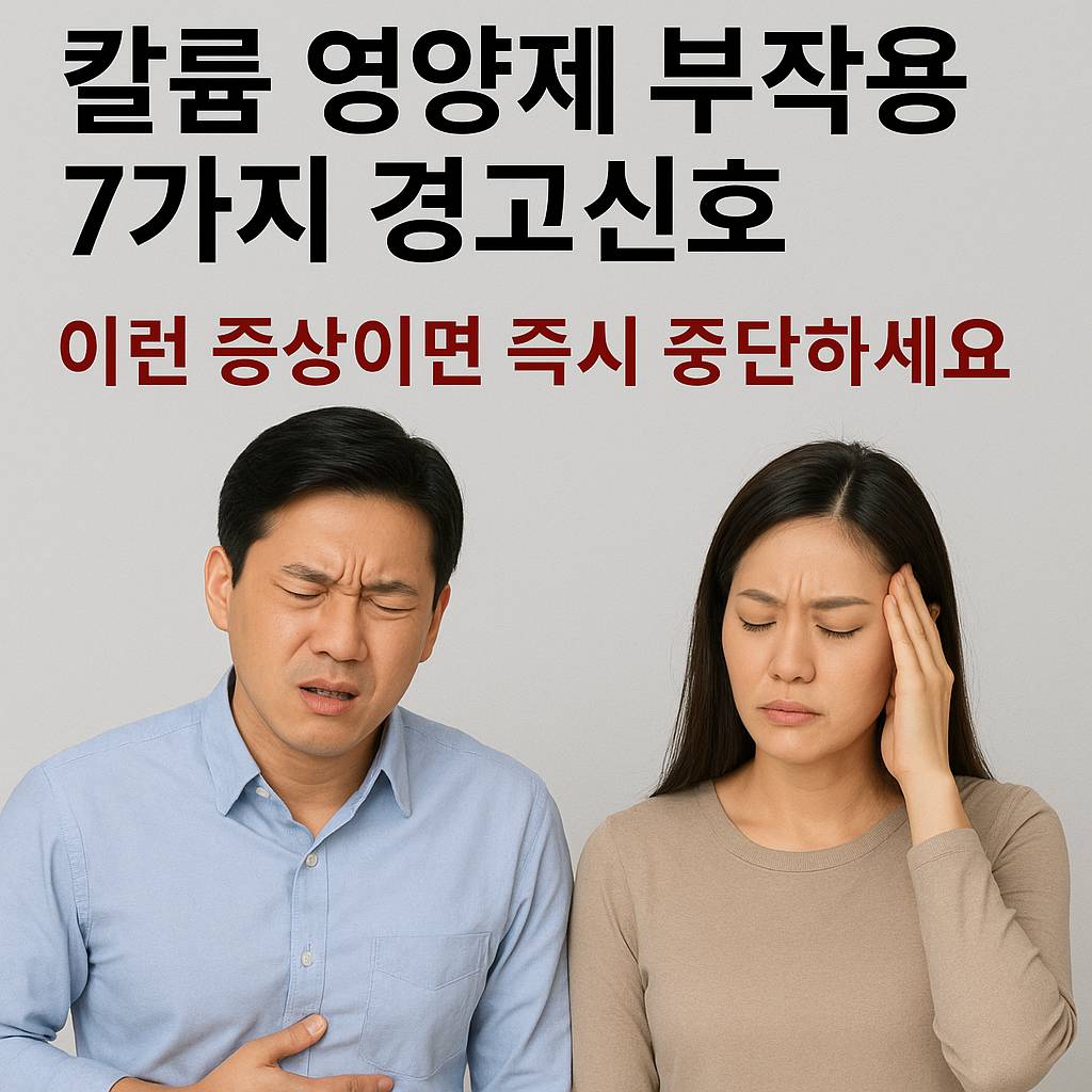 속이 불편한 표정의 한국인 남성과 두통을 호소하는 한국인 여성이 회색 배경 앞에 서 있고, 상단에는 "칼륨 영양제 부작용 7가지 경고신호 – 이런 증상이면 즉시 중단하세요"라는 경고 문구가 적혀 있음