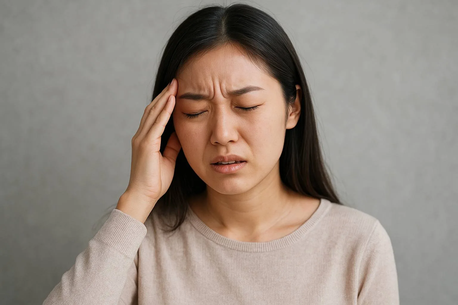 이석증으로 인해 머리를 잡고 고통스러워하는 한국 젊은 여성의 모습