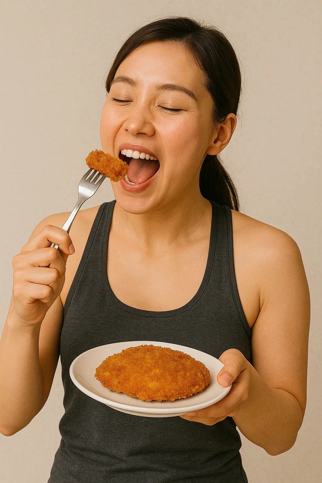 운동복을 입은 예쁜 한국 여성이 운동 후 돈까스를 맛있게 먹으며 미소 짓는 장면. 밝은 표정으로 포크로 돈까스를 한 입 먹는 모습.