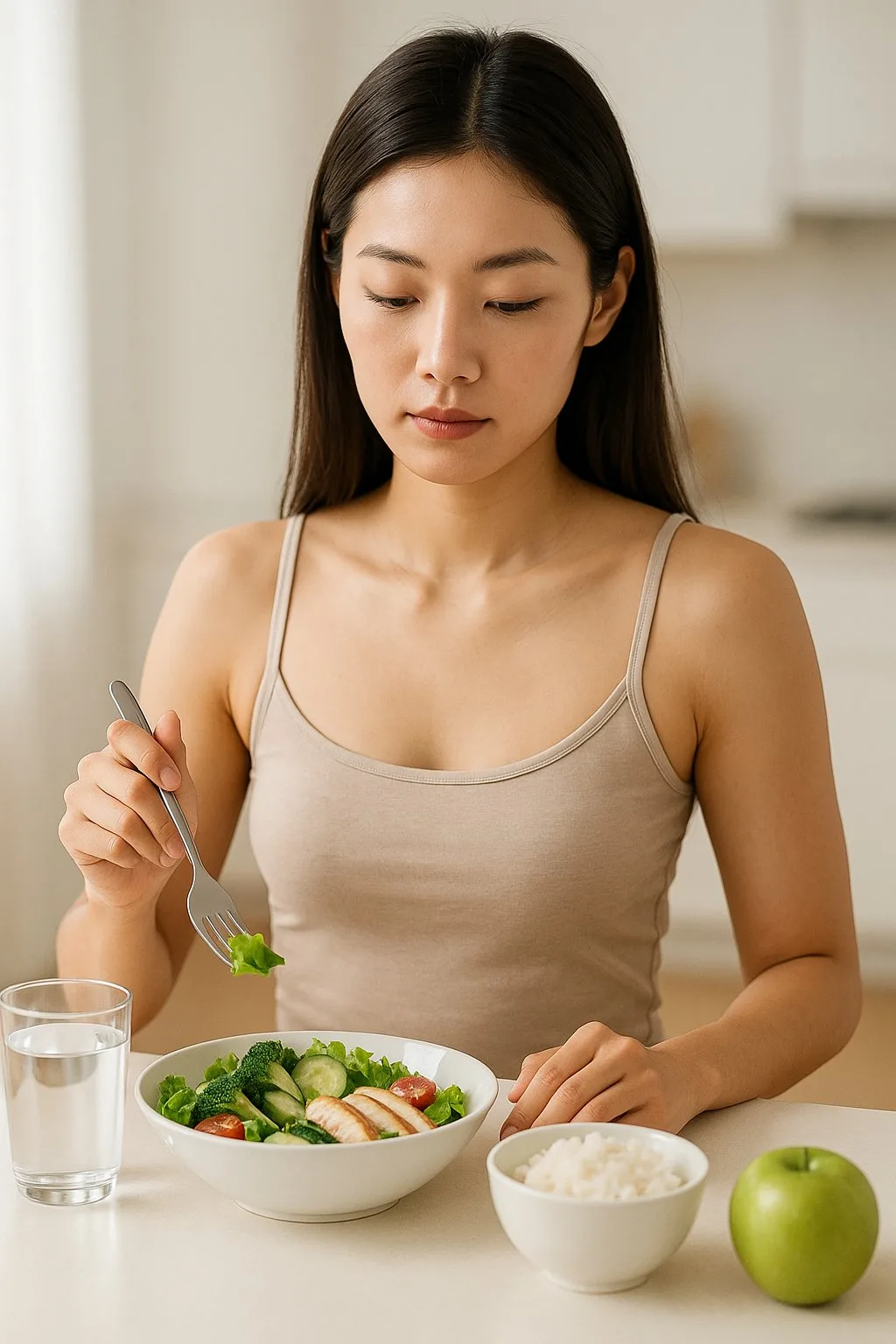 주방에서 저염식 다이어트를 위해 신선한 샐러드와 밥을 준비해 식사하는 한국 여성