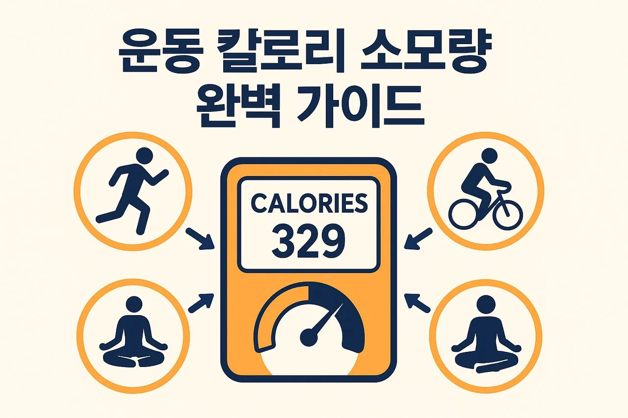 운동별 칼로리 소모량 비교 인포그래픽 – 달리기, 자전거, 요가 등 다양한 운동의 칼로리 소모량을 시각적으로 보여주는 그래픽