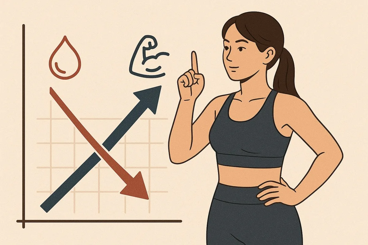 운동복을 입은 한국 여성이 근육량 증가와 체지방 감소 그래프를 바라보며 건강한 다이어트를 표현한 이미지