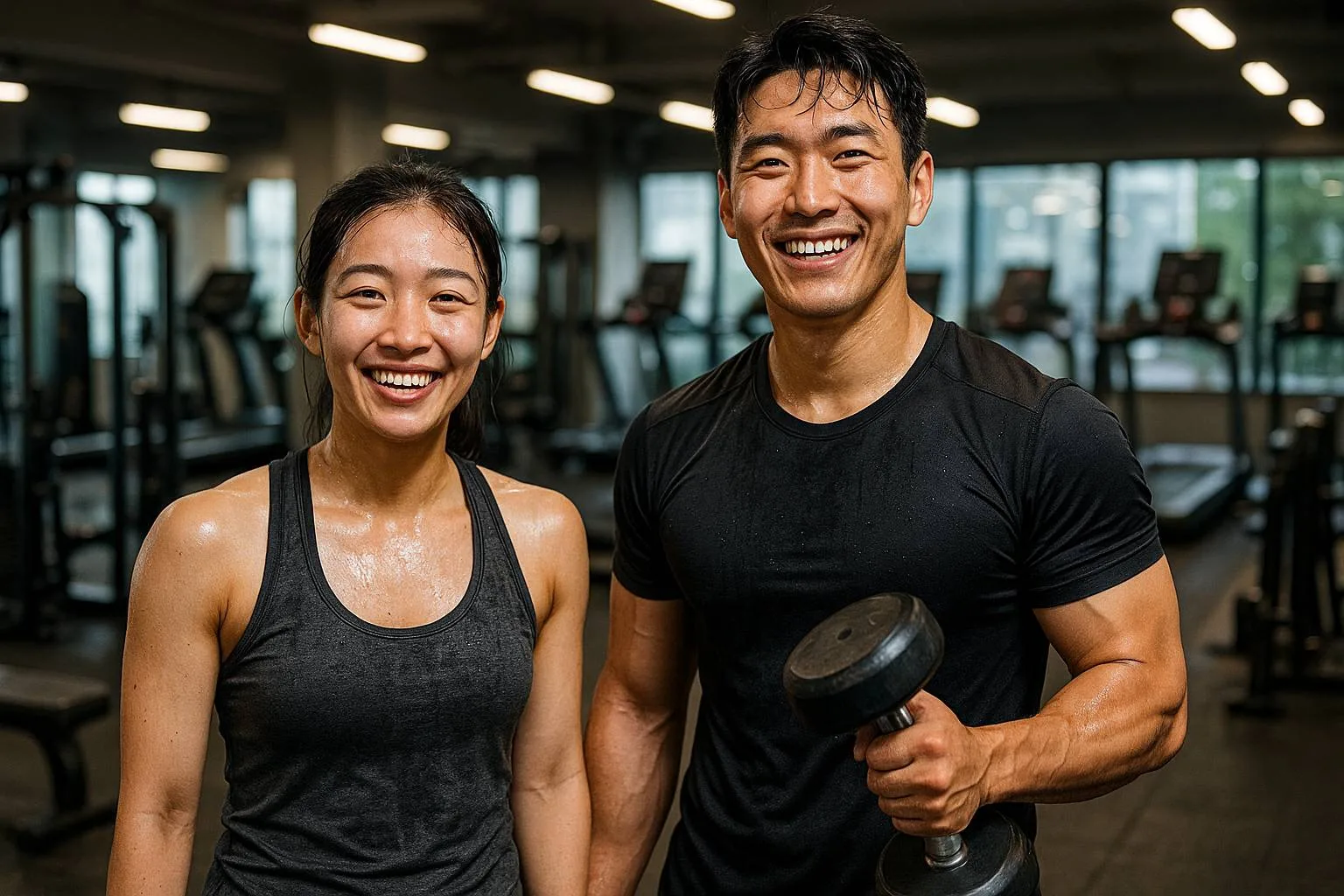 피트니스 센터에서 운동 후 땀을 흘리며 미소 짓는 대한민국 성인 남녀