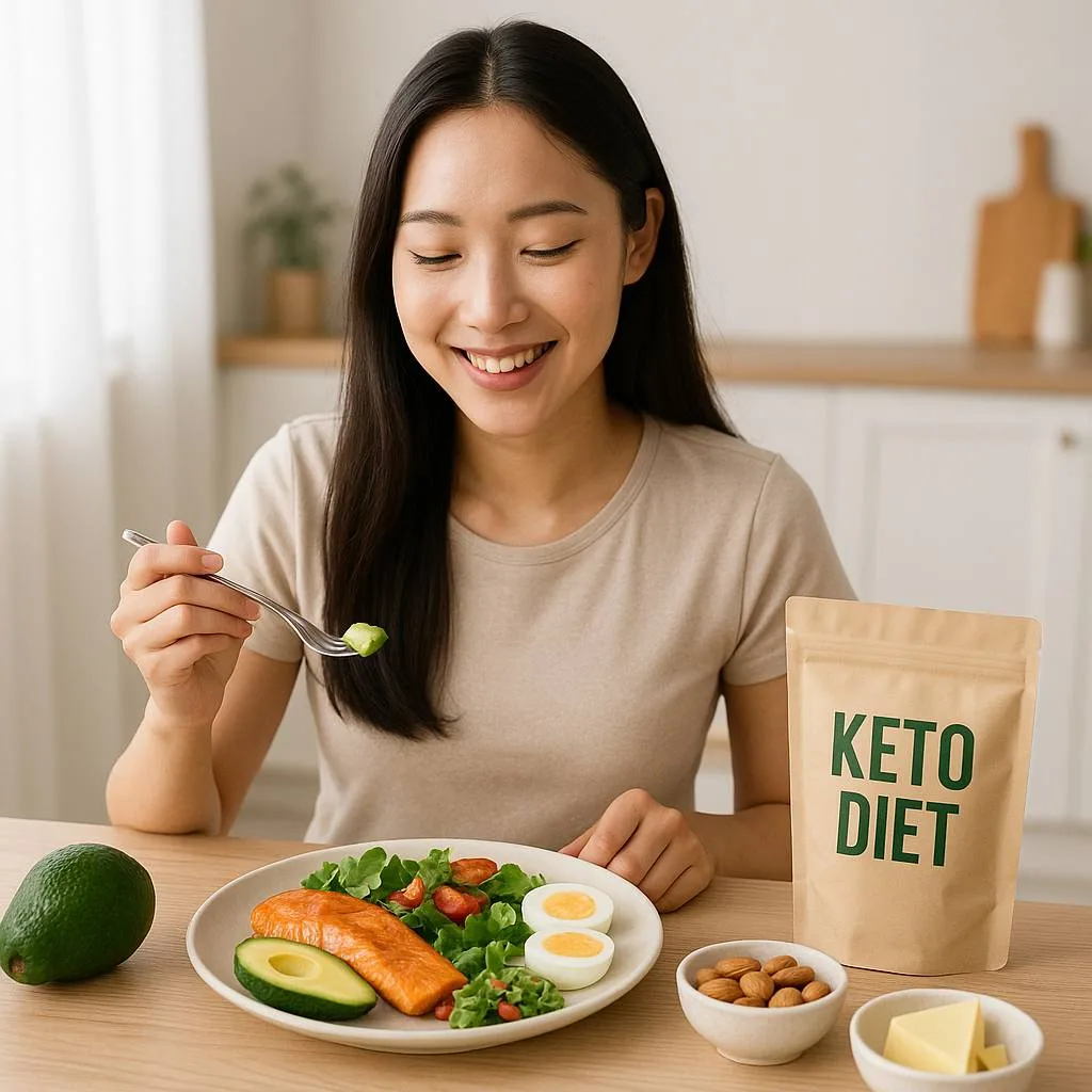 밝은 주방에서 키토제닉 식단을 즐기며 아보카도와 연어, 달걀을 먹는 젊은 한국 여성