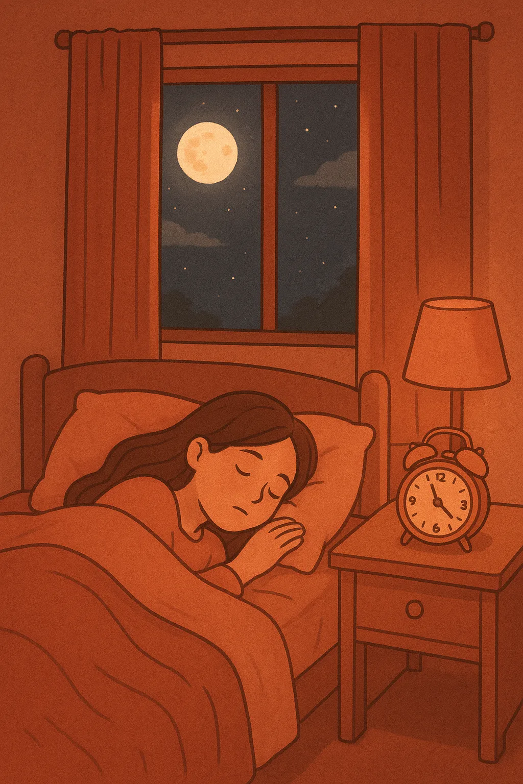 편안하고 아늑한 침실에서 깊이 잠든 사람의 모습, 따뜻한 테라코타 톤과 부드러운 달빛이 어우러진 일러스트