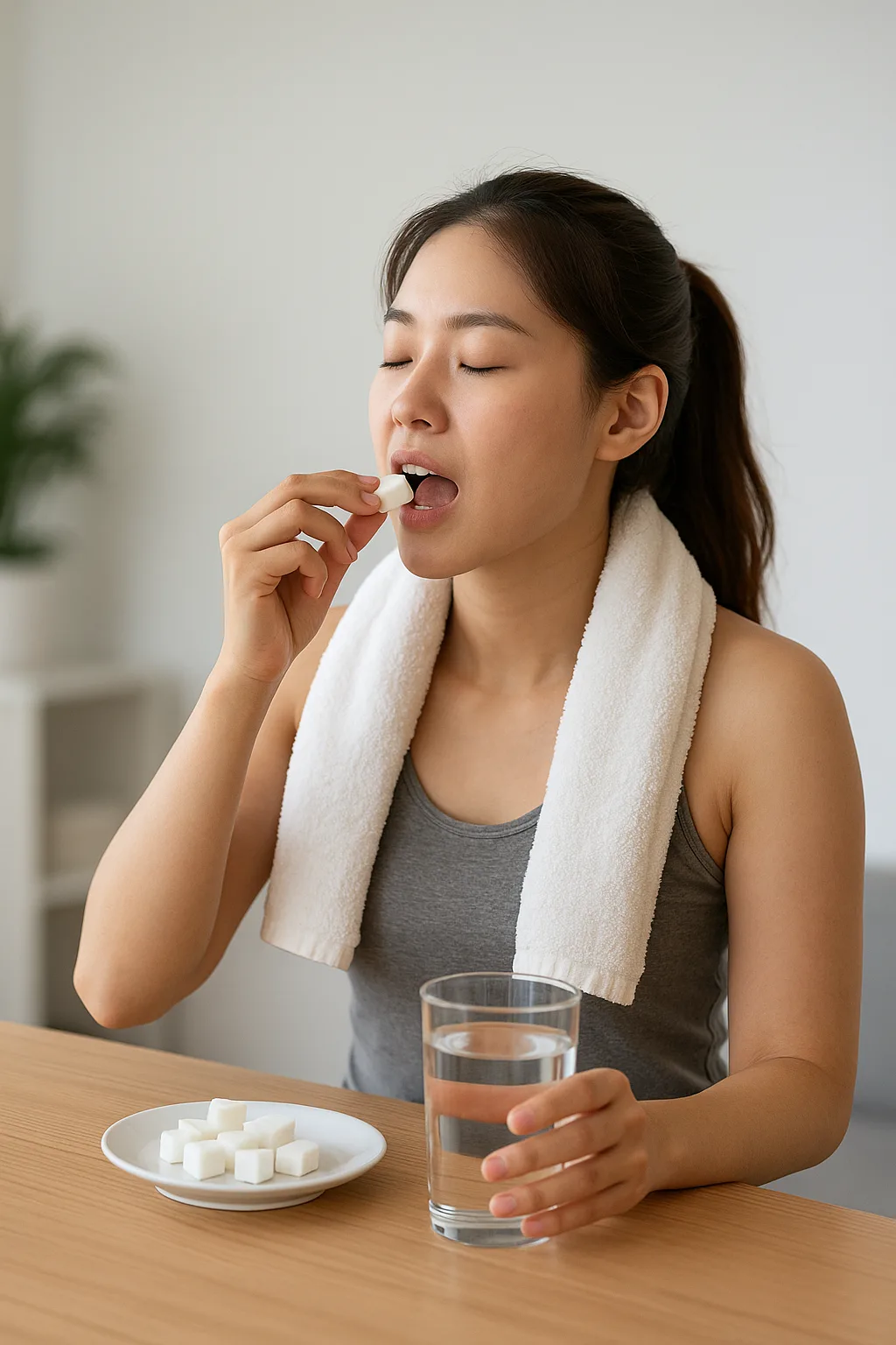 운동 후 피로한 표정의 한국 여성이 과일과 스무디를 섭취하며 당을 보충하는 모습. 운동 후 에너지 회복의 중요성을 보여주는 장면.