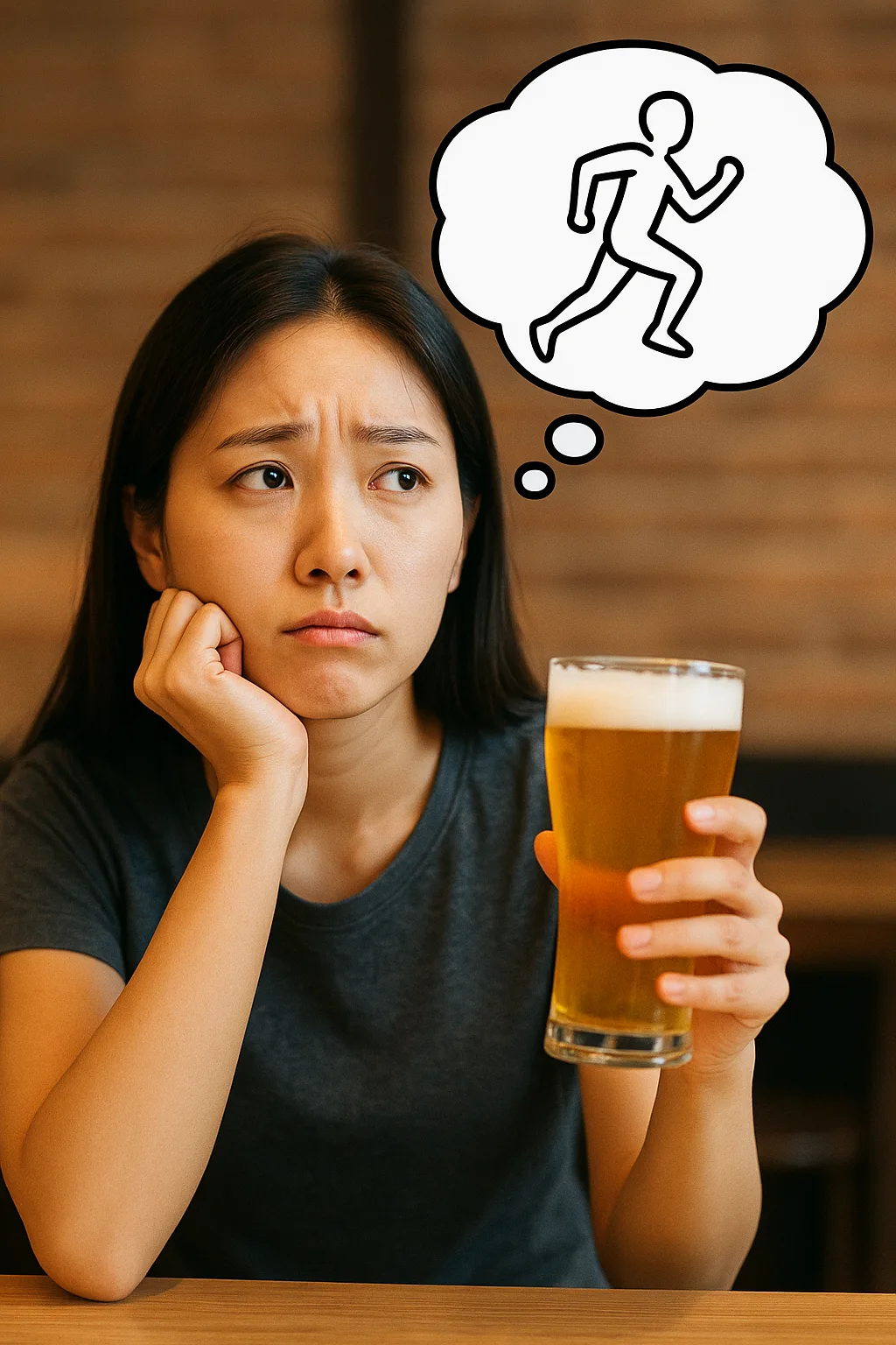 맥주 한잔 후 운동을 가도 될지 고민하는 한국 여성의 모습