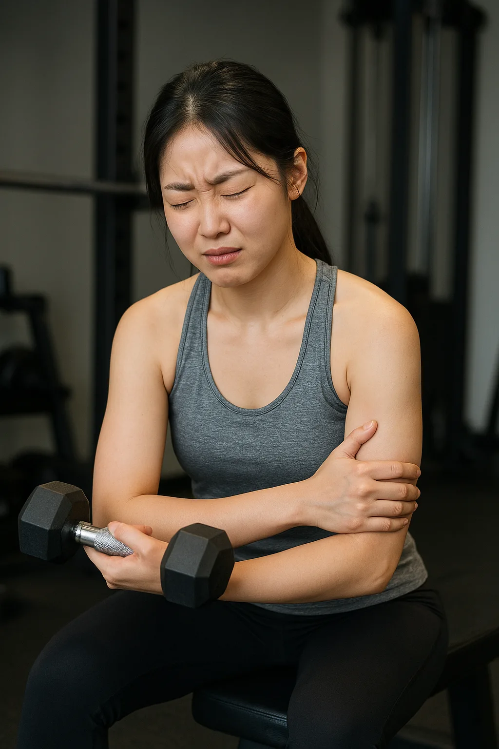 이두 운동 후 근육통(DOMS)으로 팔 통증을 느끼는 한국 여성